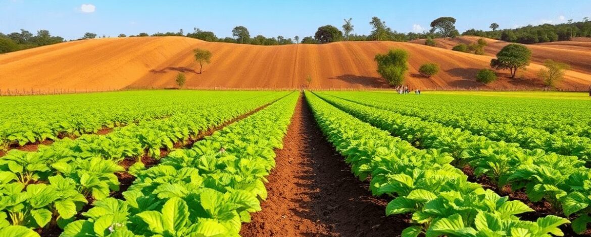 Rows of healthy potato plants on a vibrant farm under a bright blue sky, with fertile soil and farming tools visible.