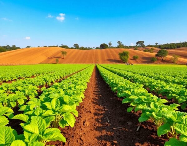 Rows of healthy potato plants on a vibrant farm under a bright blue sky, with fertile soil and farming tools visible.