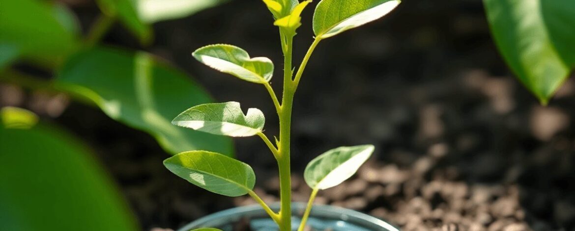 A healthy avocado seedling growing in rich soil with a shallow watering basin, surrounded by green leaves and sunlight filtering through.