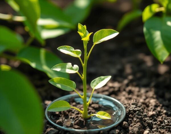A healthy avocado seedling growing in rich soil with a shallow watering basin, surrounded by green leaves and sunlight filtering through.