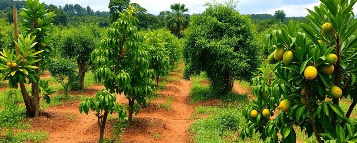 A lush orchard with thriving avocado, mango, and citrus seedlings under a bright sky with gentle rain and vibrant green foliage.