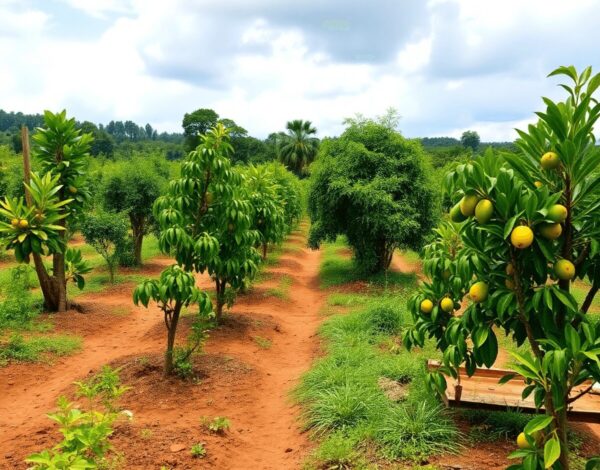 A lush orchard with thriving avocado, mango, and citrus seedlings under a bright sky with gentle rain and vibrant green foliage.