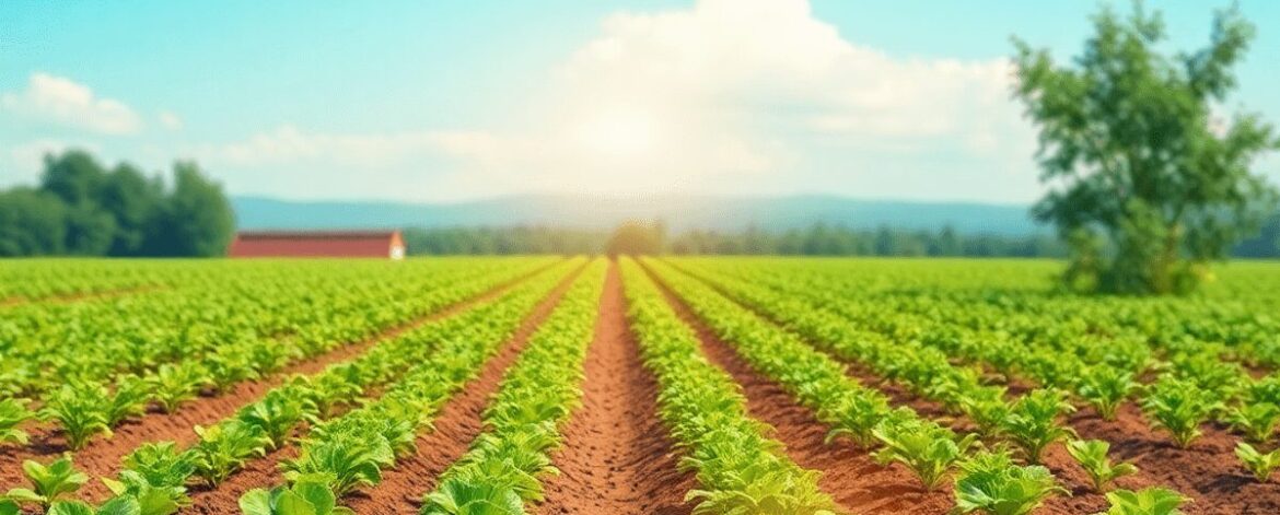 A modern farm with drones flying over crops, smart soil sensors, and a tablet showing data analytics in bright, vibrant colors.
