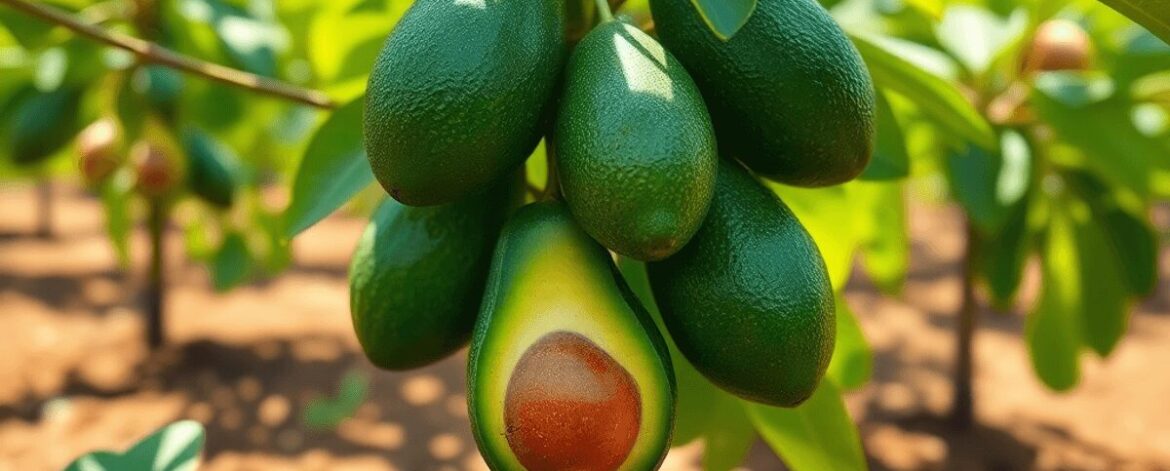 A vibrant Fuerte avocado tree with lush green leaves and fruit, thriving in a sunny orchard with rich soil.