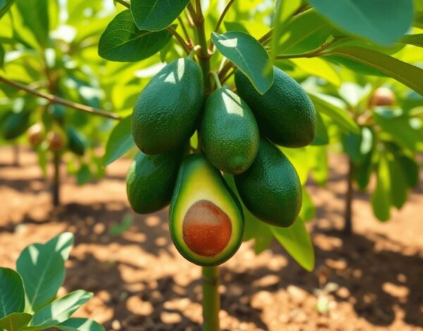 A vibrant Fuerte avocado tree with lush green leaves and fruit, thriving in a sunny orchard with rich soil.