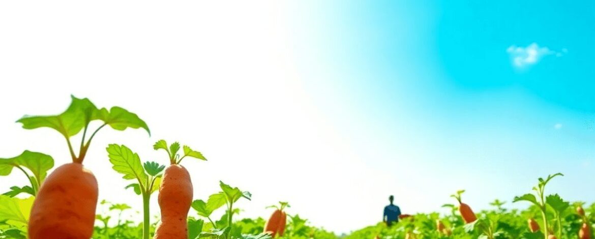 A vibrant field of orange-fleshed sweet potatoes with lush green leaves under a bright blue sky in a rural landscape.
