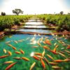 A vibrant fish farm with clear blue ponds, healthy fish swimming, lush green vegetation, and a bright sunny sky symbolizing sustainable aquaculture.