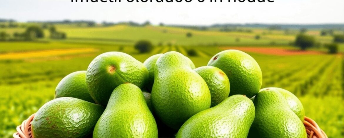 Basket of fresh Hass avocados with lush farmland and bright blue sky in the background, highlighting avocado production.