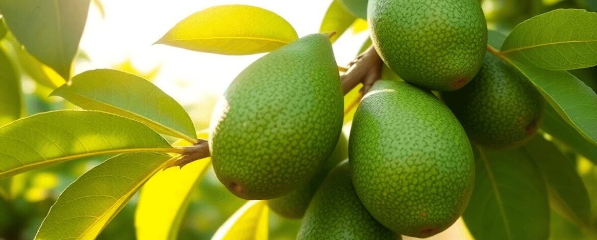 Close-up of a grafted avocado tree branch with fresh green leaves and developing avocados in a sunny orchard.