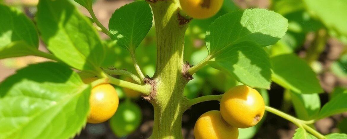 Close-up of a healthy grafted fruit seedling with visible junction, surrounded by green leaves and small fruits in a bright garden setting.