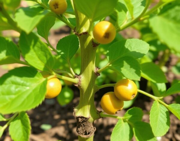 Close-up of a healthy grafted fruit seedling with visible junction, surrounded by green leaves and small fruits in a bright garden setting.