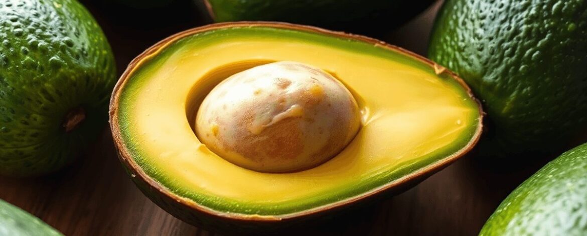 Close-up of a ripe Fuerte avocado cut open showing creamy green interior, surrounded by whole avocados on a rustic wooden table with soft natural l...