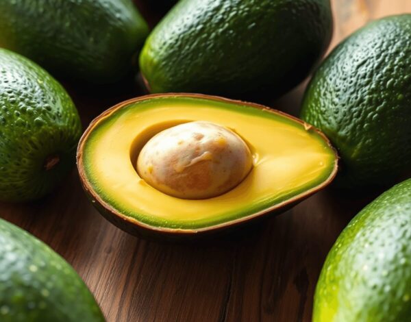 Close-up of a ripe Fuerte avocado cut open showing creamy green interior, surrounded by whole avocados on a rustic wooden table with soft natural l...