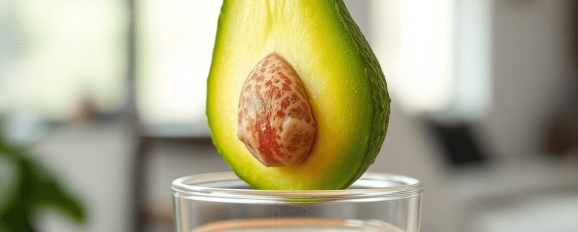 Close-up of an avocado seed suspended over a glass of water with toothpicks, partially submerged and sprouting, against a bright indoor background.