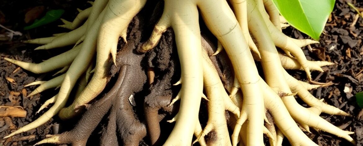 Close-up of avocado tree roots showing healthy creamy-white roots and dark decayed roots affected by root rot in soil with organic mulch under sunl...