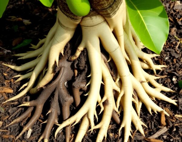 Close-up of avocado tree roots showing healthy creamy-white roots and dark decayed roots affected by root rot in soil with organic mulch under sunl...