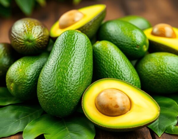 Close-up of fresh Hass and Fuerte avocados with green leaves on a rustic wooden table, showcasing high-quality produce.