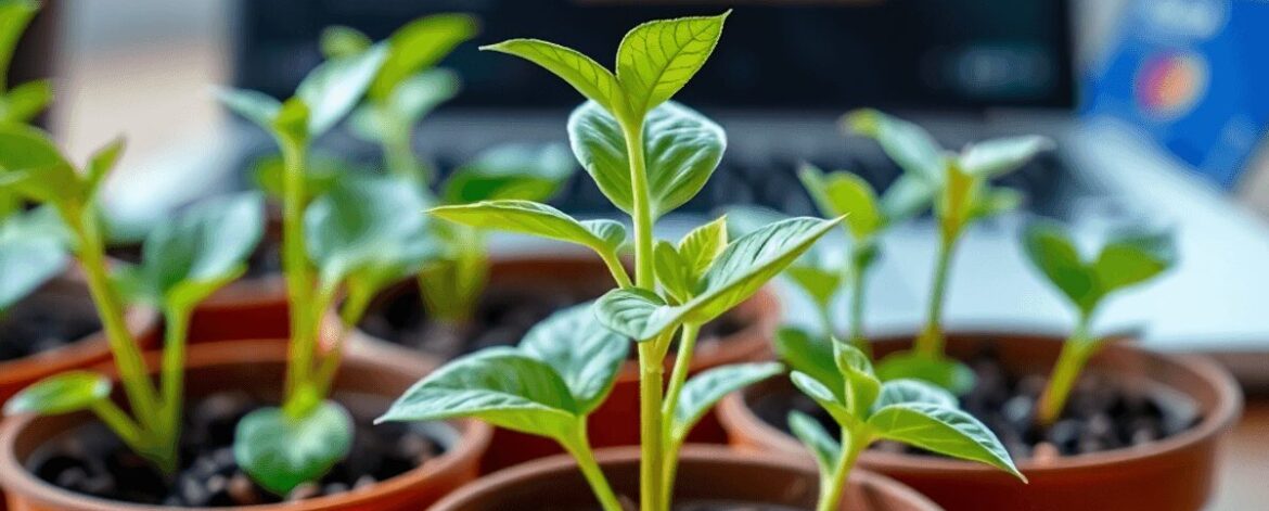 Close-up of fresh avocado seedlings in small pots with a blurred laptop and credit card in the background, symbolizing online plant purchasing and ...