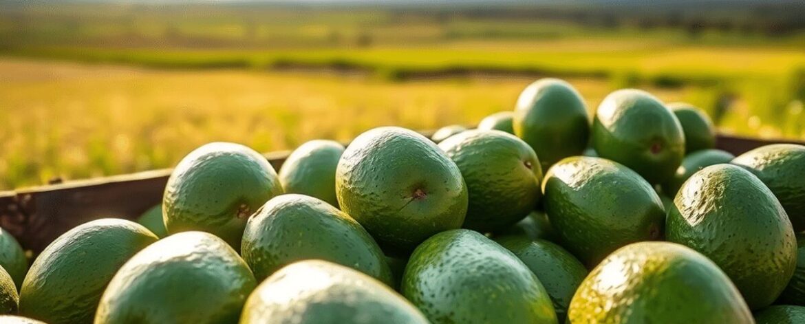 Close-up of fresh green Fuerte avocados in a rustic wooden crate with Kenyan farmland and bright sky in the background.