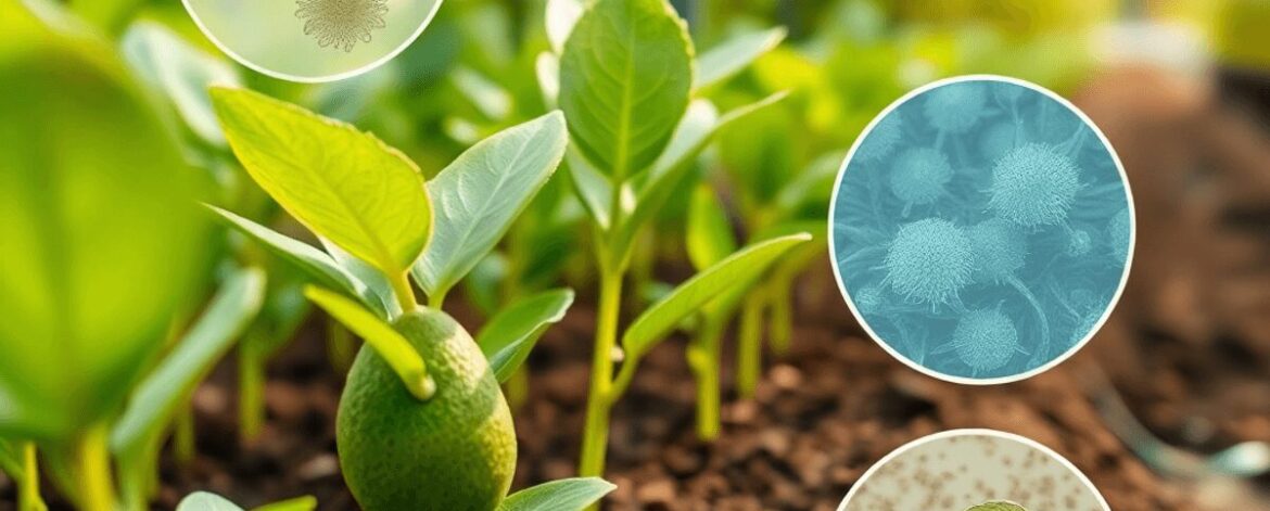 Close-up of healthy avocado seedlings in rich soil with faint illustrations of fungi and water mold in a bright nursery setting.