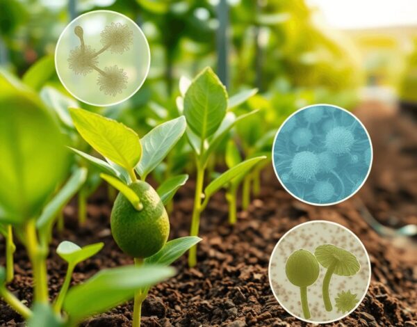 Close-up of healthy avocado seedlings in rich soil with faint illustrations of fungi and water mold in a bright nursery setting.