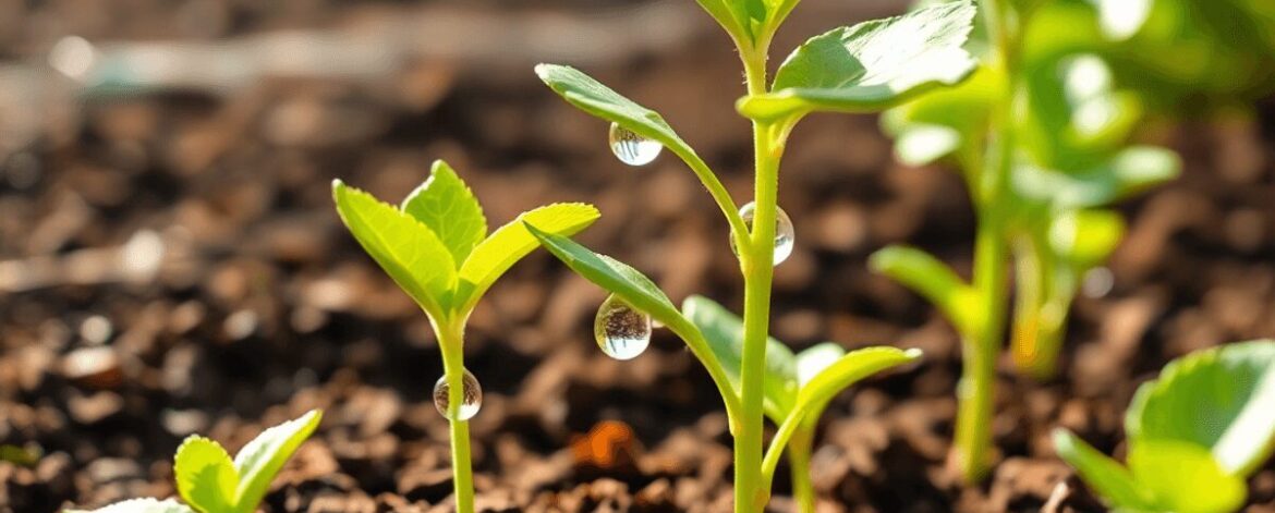 Close-up of healthy avocado seedlings in rich soil with water droplets, set against a bright natural outdoor background.