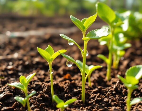 Close-up of healthy avocado seedlings in rich soil with water droplets, set against a bright natural outdoor background.
