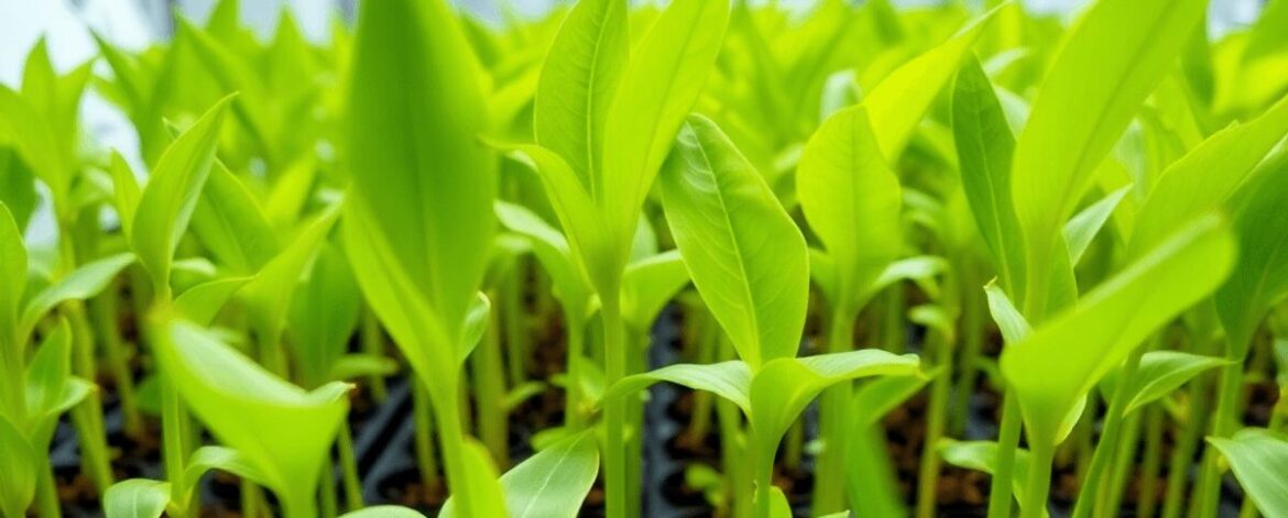 Close-up of healthy banana plantlets growing in a sterile lab with bright lighting and scientific equipment in the background.