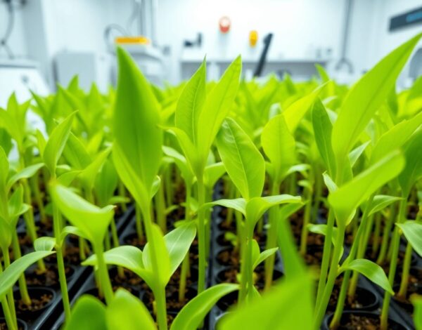 Close-up of healthy banana plantlets growing in a sterile lab with bright lighting and scientific equipment in the background.