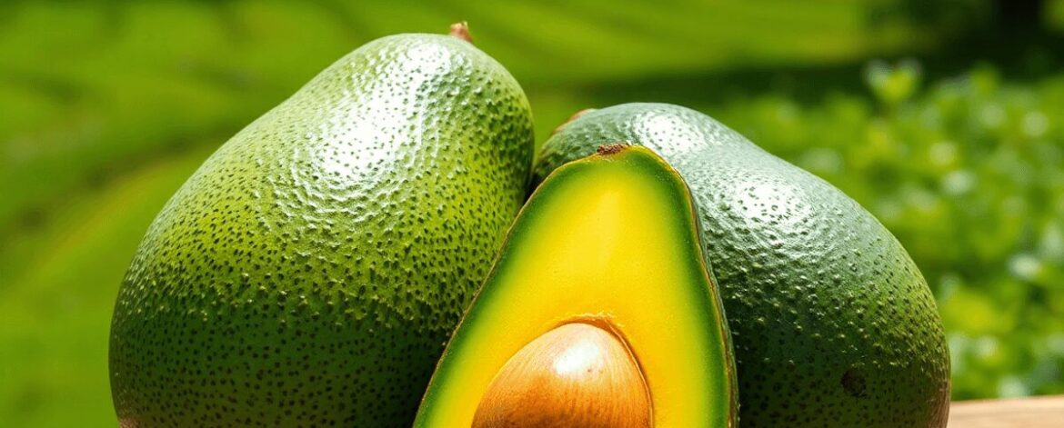Close-up of ripe Fuerte and Hass avocados on a wooden table with a bright farm landscape in the background.