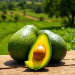 Close-up of ripe Fuerte and Hass avocados on a wooden table with a bright farm landscape in the background.
