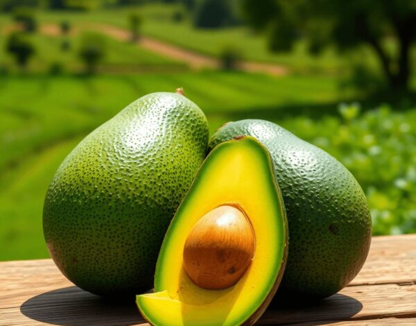 Close-up of ripe Fuerte and Hass avocados on a wooden table with a bright farm landscape in the background.