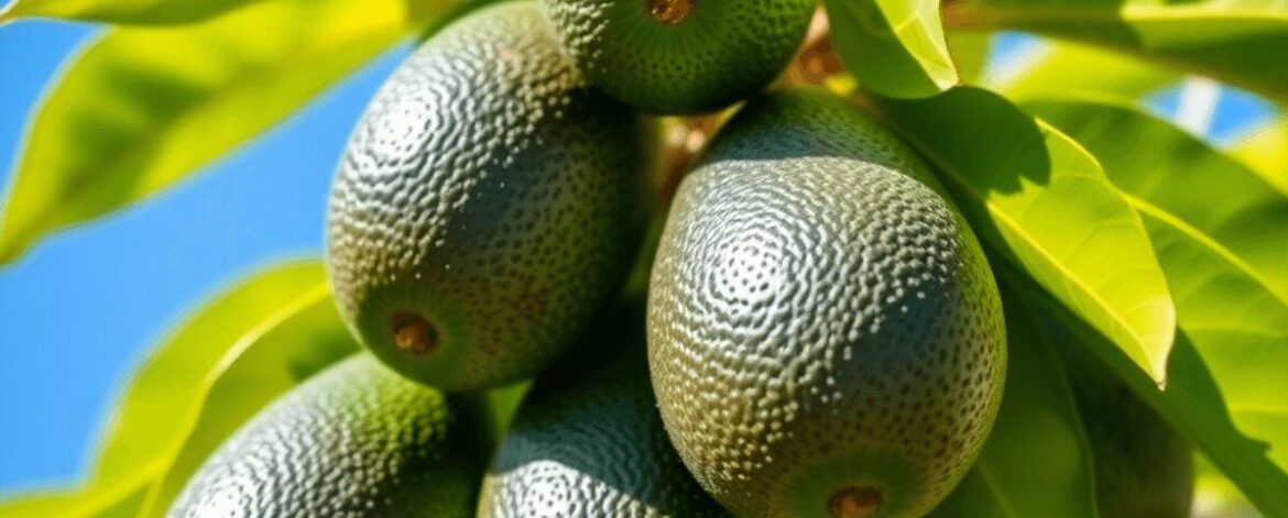 Close-up of ripe Fuerte avocados hanging on a tree branch with green leaves against a bright blue sky.