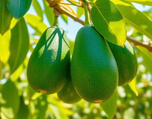 Close-up of ripe Fuerte avocados hanging on a tree branch with smooth green skin and lush leaves in a sunny orchard.