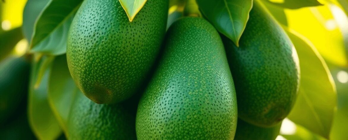 Close-up of ripe Fuerte avocados on a green tree, surrounded by bright leaves in natural sunlight, showcasing healthy and thriving avocado farming.