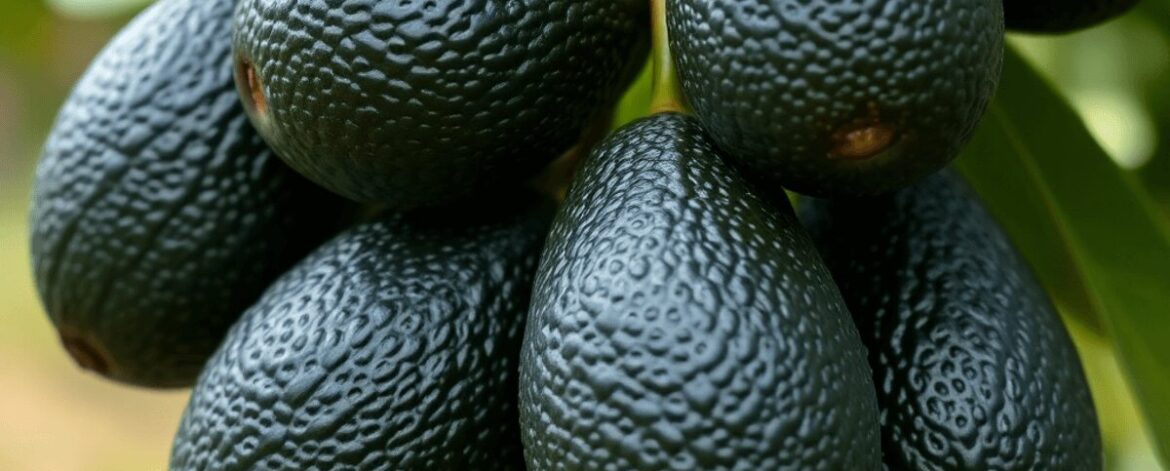 Close-up of ripe Hass avocados on a tree branch with dark bumpy skin and creamy interior, lit softly against a blurred green orchard background.