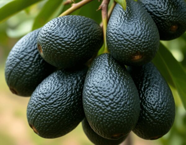 Close-up of ripe Hass avocados on a tree branch with dark bumpy skin and creamy interior, lit softly against a blurred green orchard background.
