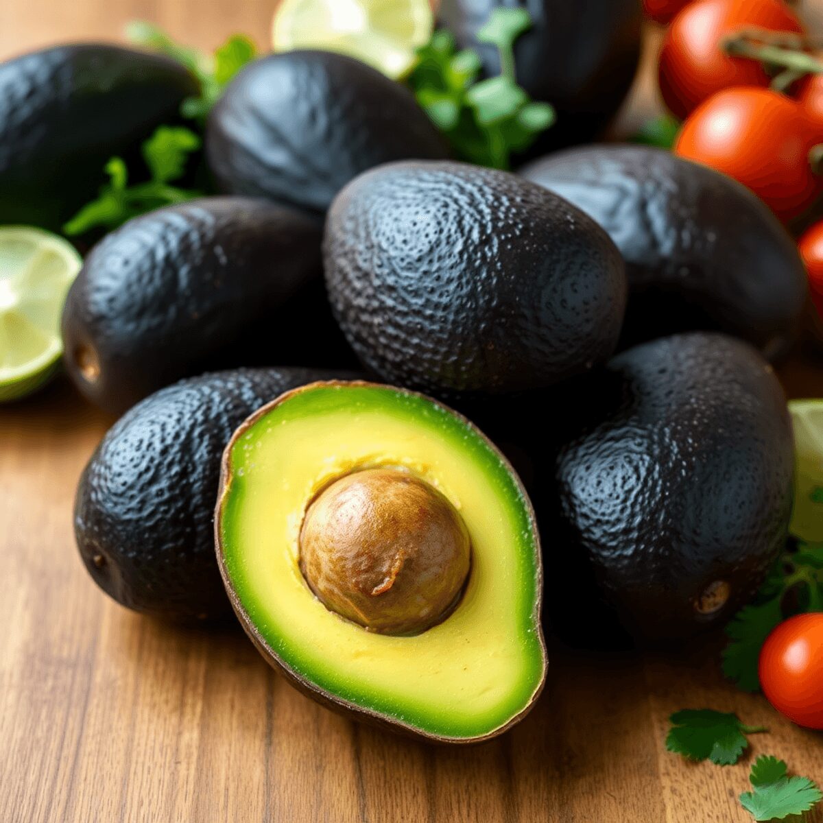 Close-up of ripe Hass avocados on a wooden table, one cut open showing creamy green interior, surrounded by lime, cilantro, and tomatoes for guacamole.