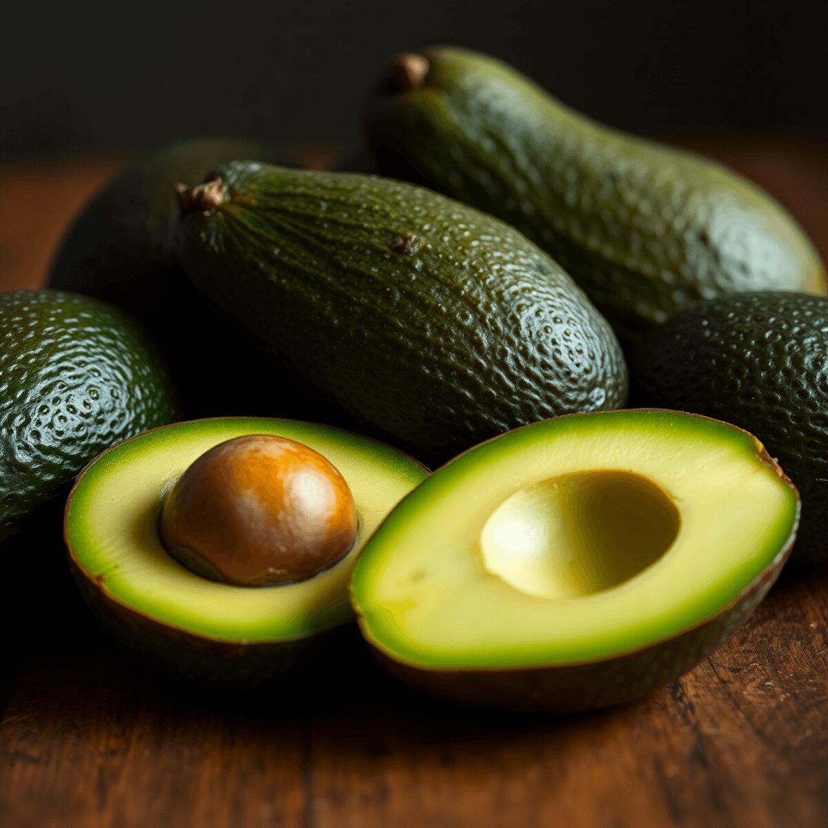 Close-up of ripe Hass avocados on a wooden table, one cut open showing creamy green interior, with soft natural light highlighting texture and freshness.