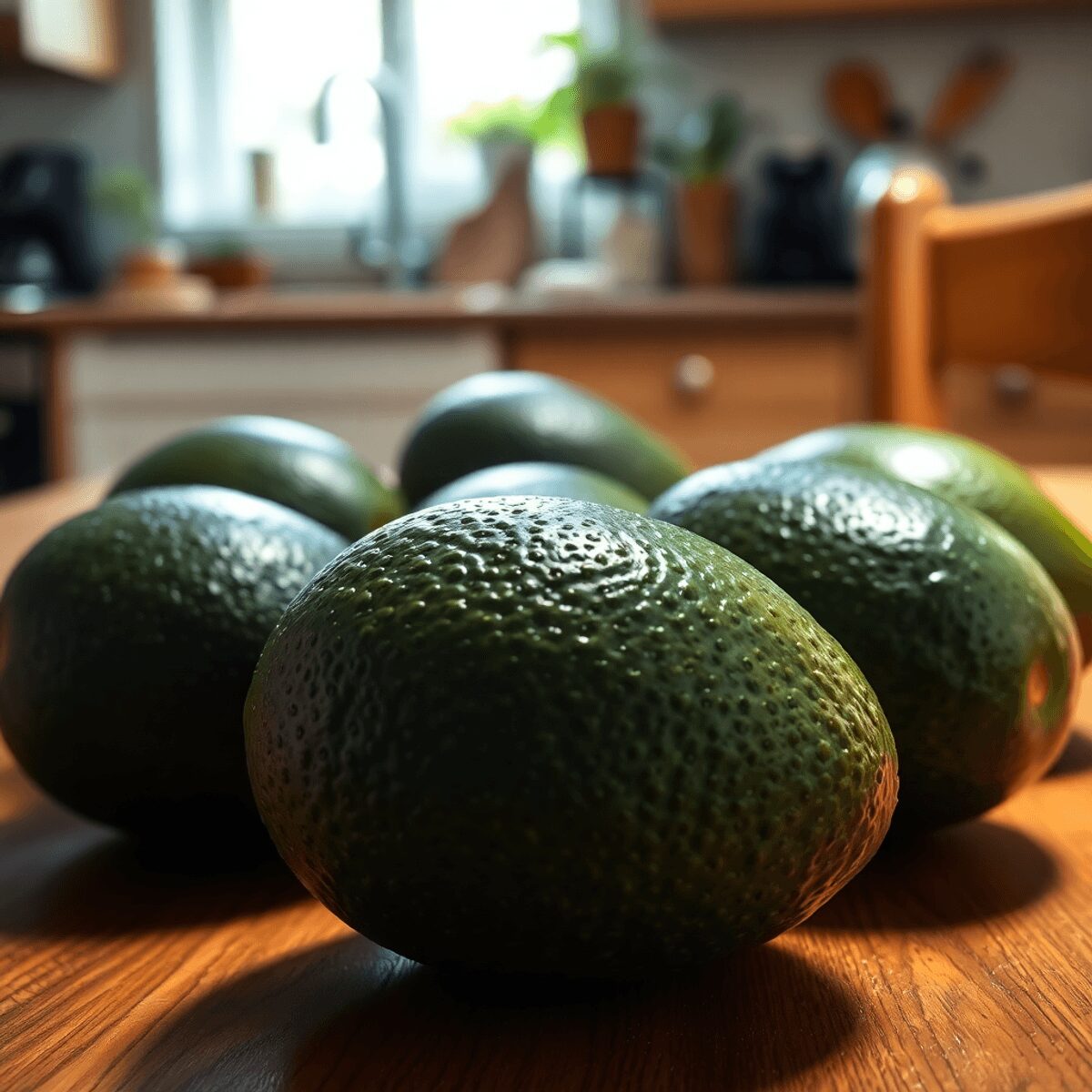 Close-up of ripe Hass avocados on a wooden table with soft natural light in a warm, cozy kitchen setting.