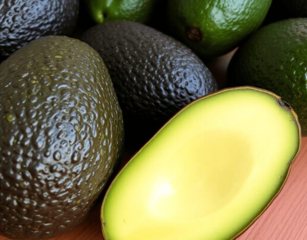 Close-up of ripe Hass avocados with dark, bumpy skin and creamy green flesh on a wooden table, lit by soft natural light highlighting their texture.