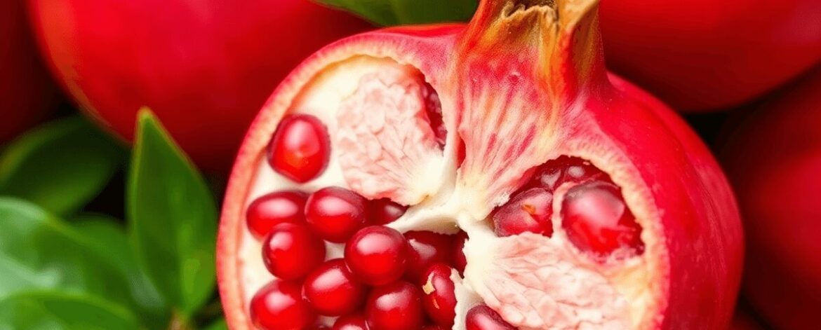 Close-up of ripe pomegranate fruits with bright red seeds against lush green leaves, showcasing freshness and health benefits.
