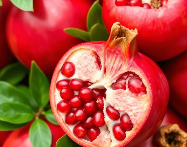 Close-up of ripe pomegranate fruits with bright red seeds against lush green leaves, showcasing freshness and health benefits.