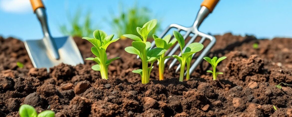 Freshly tilled soil with gardening tools, green seedlings ready to plant, and a clear blue sky in a vibrant garden scene.