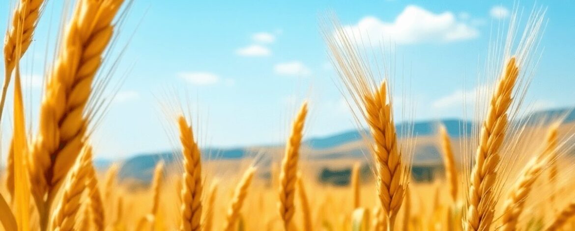 Golden wheat field swaying in breeze under bright blue sky with distant hills, symbolizing agricultural prosperity and food security.
