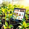 Healthy avocado seedlings in pots next to a tablet showing an online marketplace, set against a bright, natural background symbolizing modern farming.