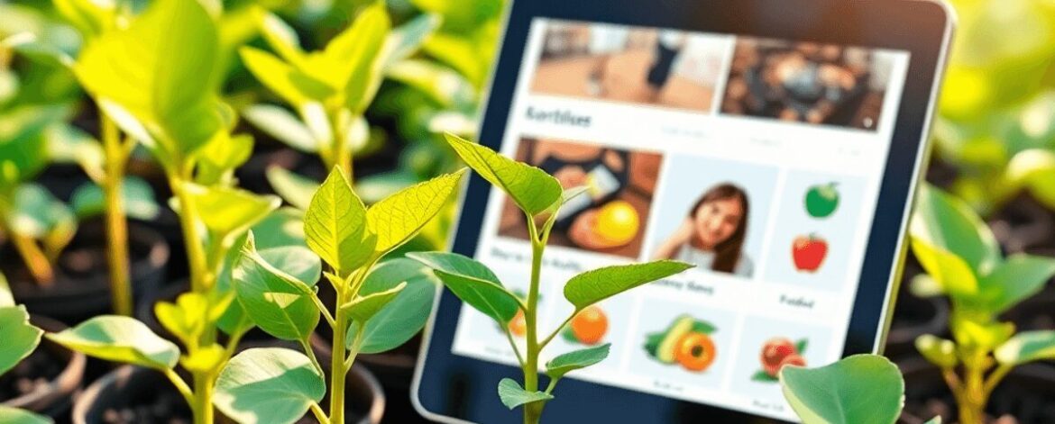 Healthy avocado seedlings in pots next to a tablet showing an online marketplace, set against a bright, natural background symbolizing modern farming.