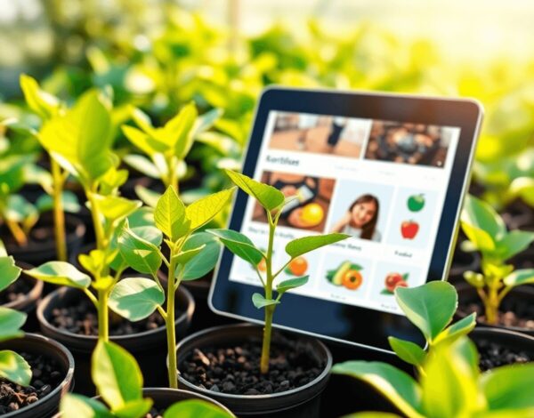 Healthy avocado seedlings in pots next to a tablet showing an online marketplace, set against a bright, natural background symbolizing modern farming.