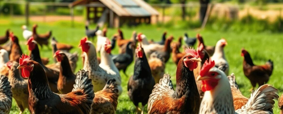 Healthy chickens roam a green pasture on a vibrant free-range farm under a bright sunny sky, blending traditional and modern farming methods.