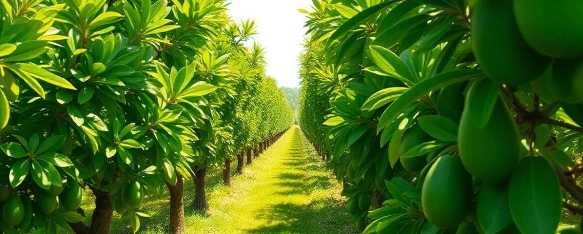 Lush Hass avocado orchard with green trees and ripe fruit under bright sunlight, highlighting a clean, well-kept sustainable farm.